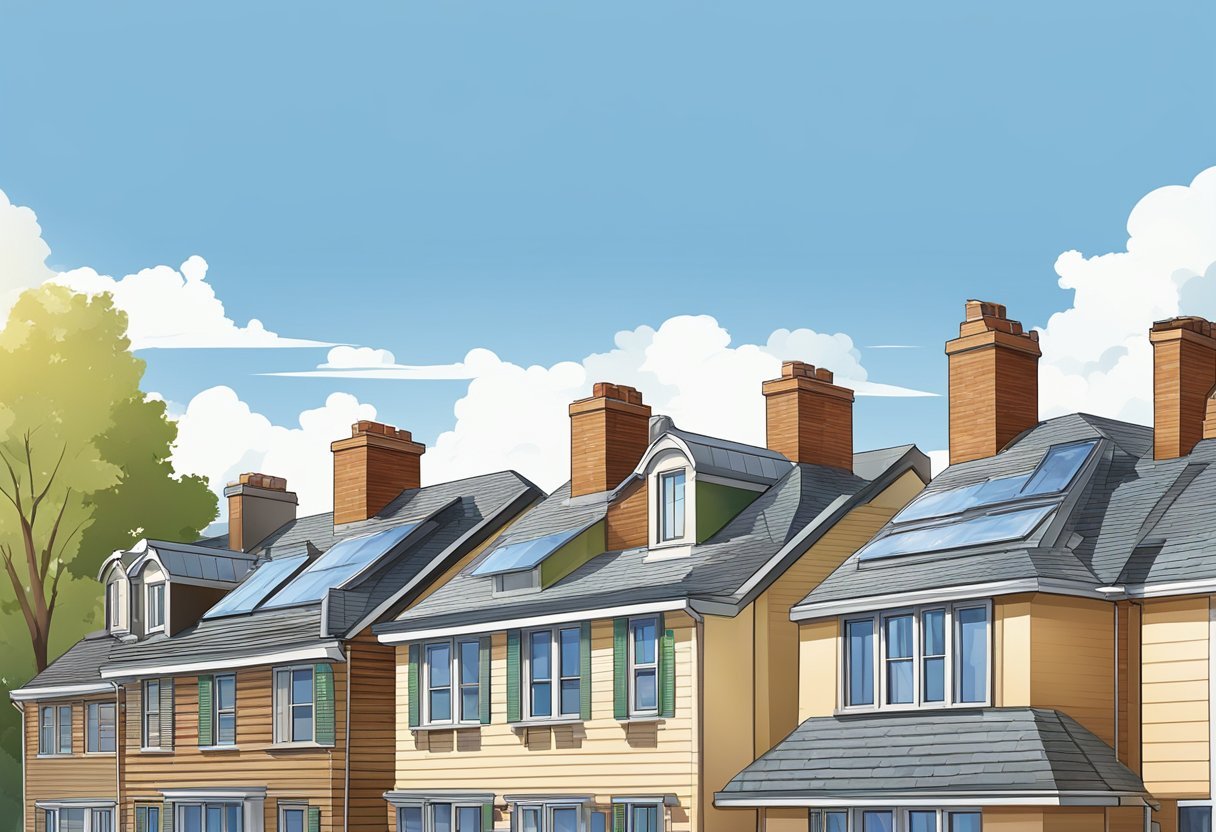 A variety of rooftop designs, including sloped, flat, and gabled, with chimneys and skylights, set against a clear blue sky