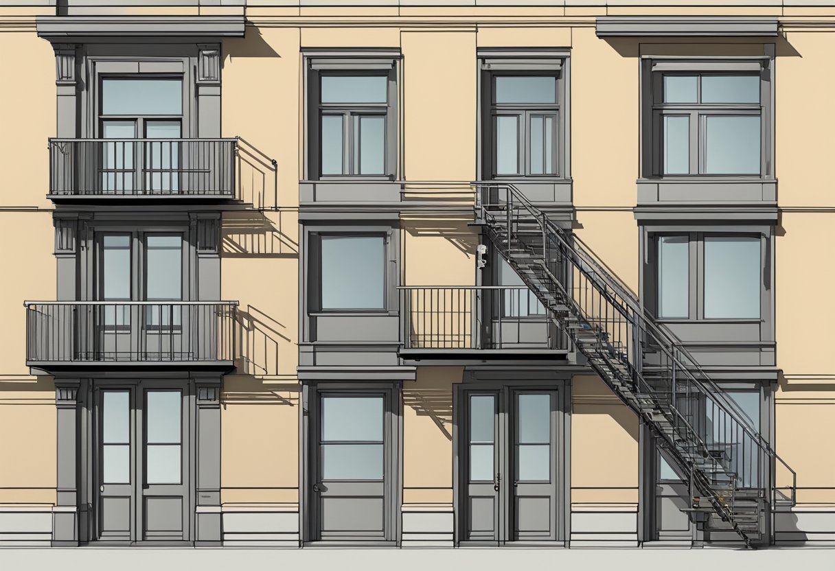 A fire escape with specific measurements and design criteria