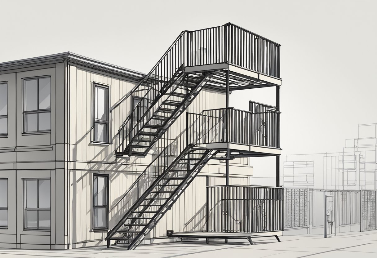 A fire escape with dimensions and assembly details