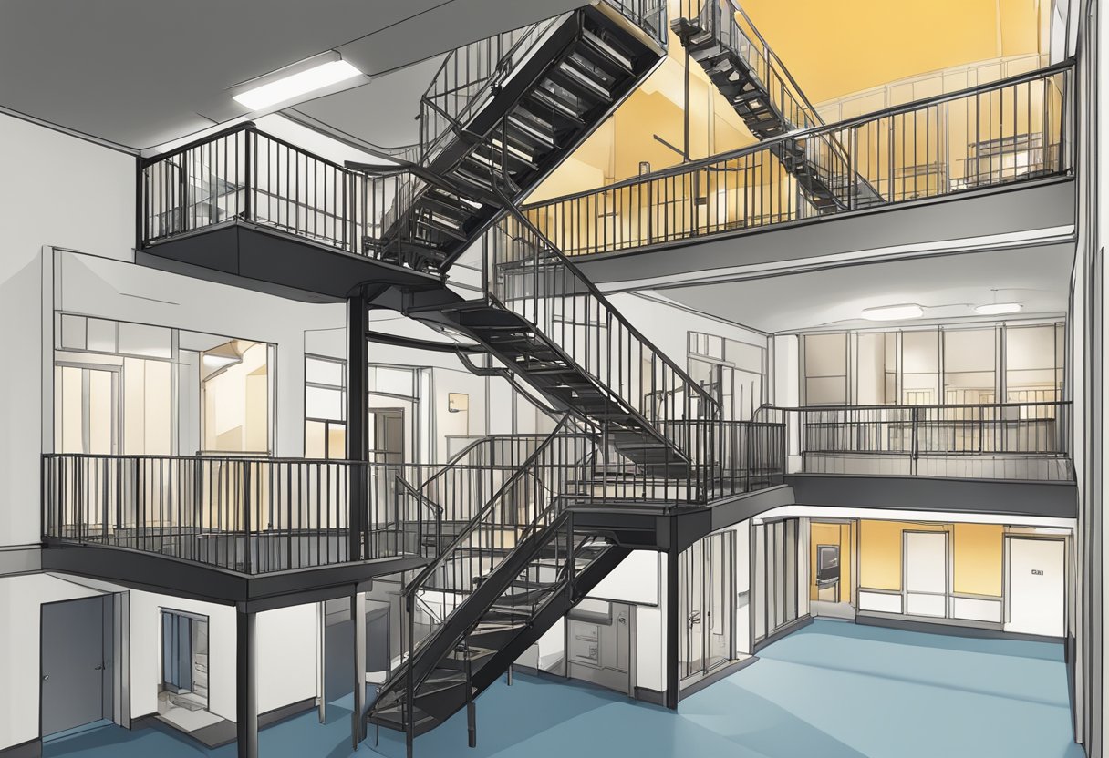 A clear, well-lit building interior with a visible fire escape staircase and signage indicating "Frequently Asked Questions: Fire Escape Measurements."