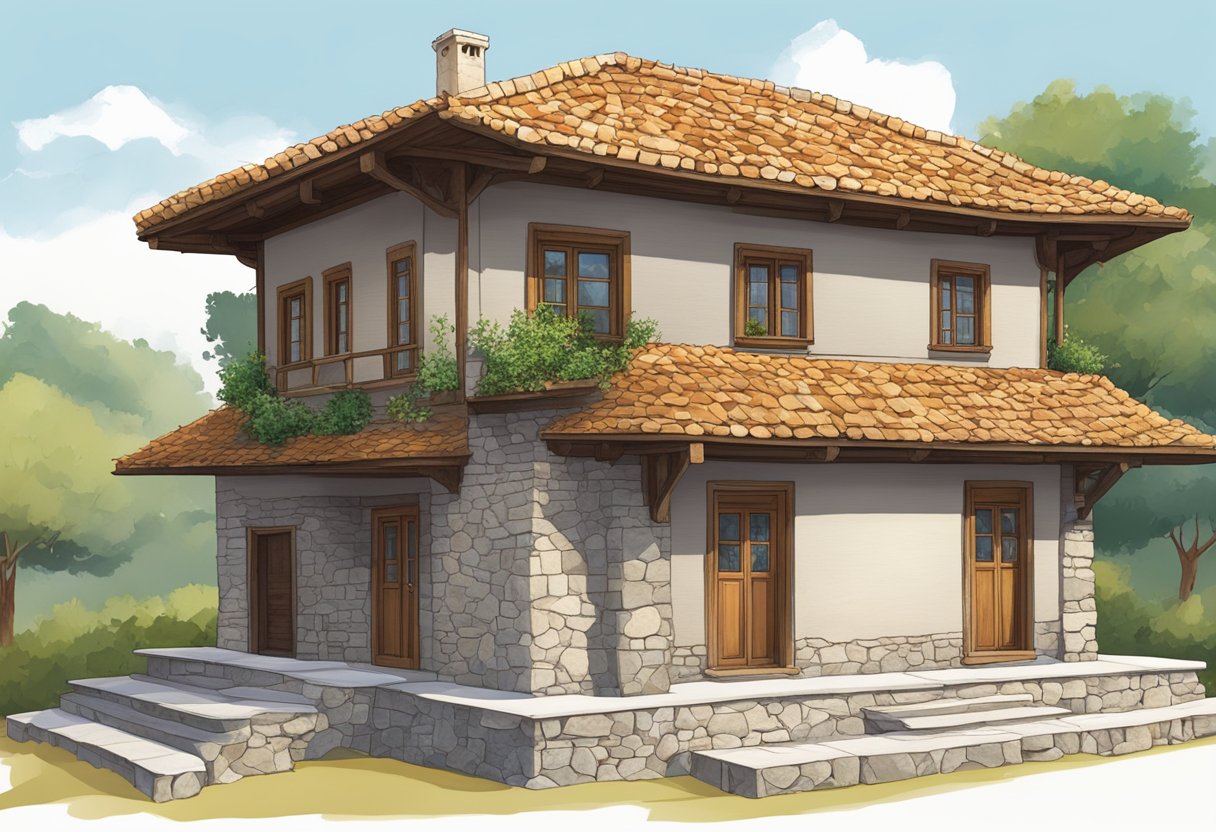 A traditional Turkish Beşik Çatı house with stone foundations and a curved roof