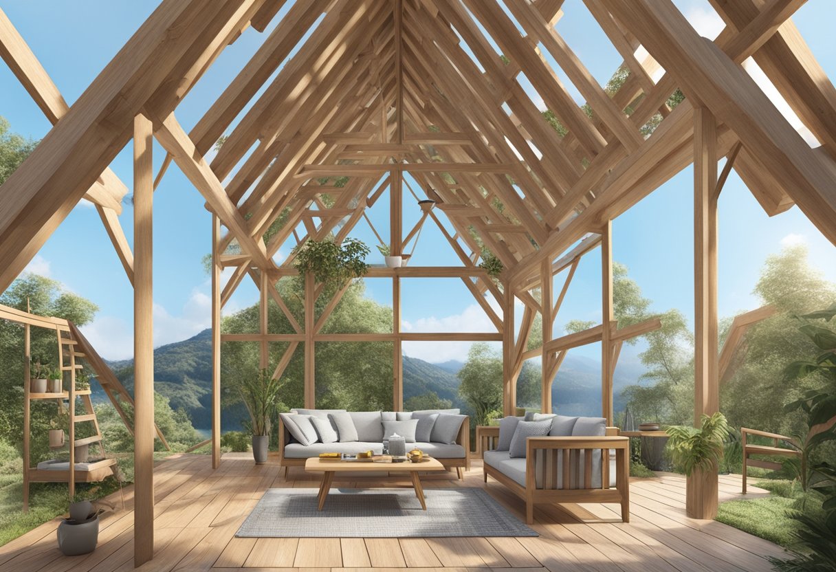 A traditional A-frame roof with wooden beams and triangular structure, showcasing the structural features of a "Beşik Çatı" (cradle roof) model