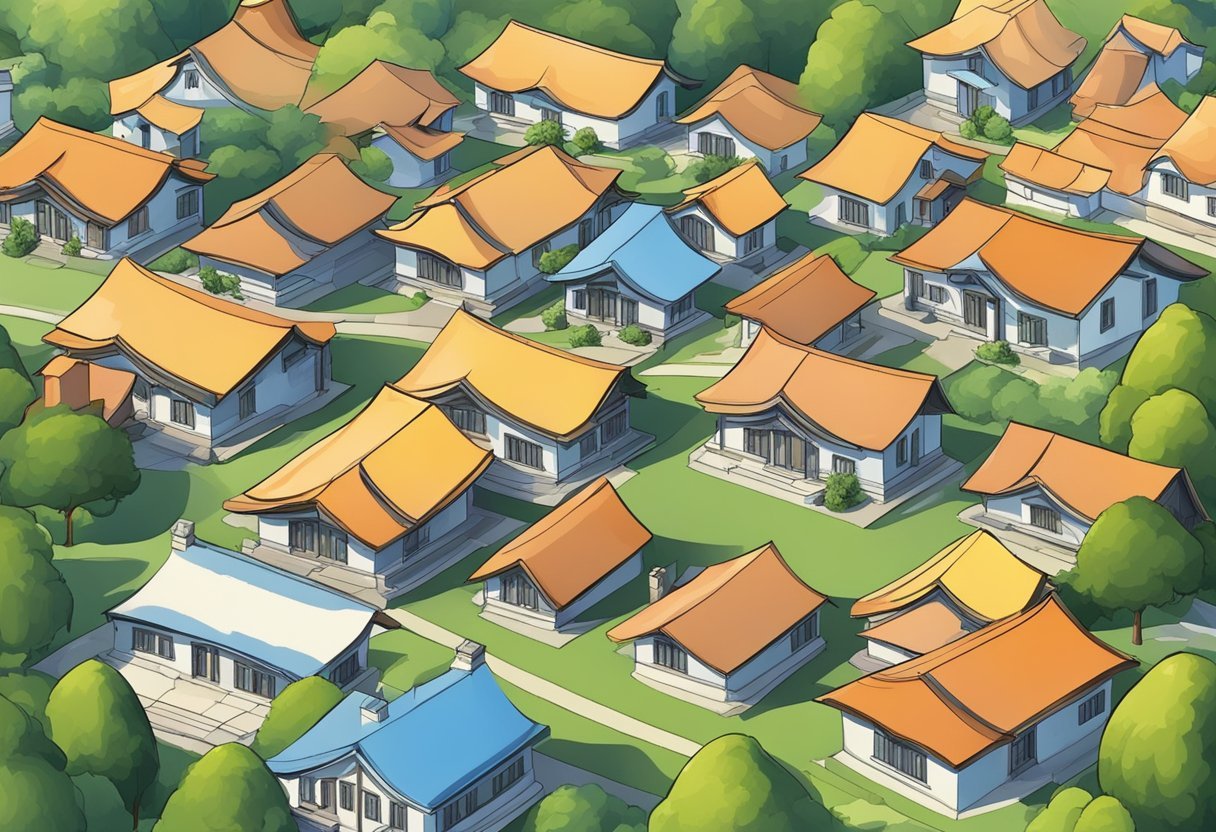 Curved roofs of various styles and sizes in a picturesque setting