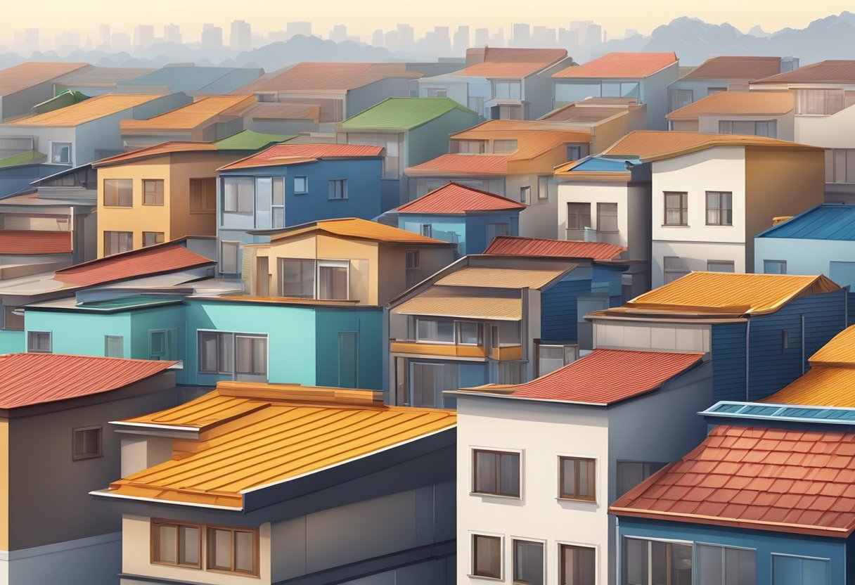 A row of flat rooftops with various designs and materials