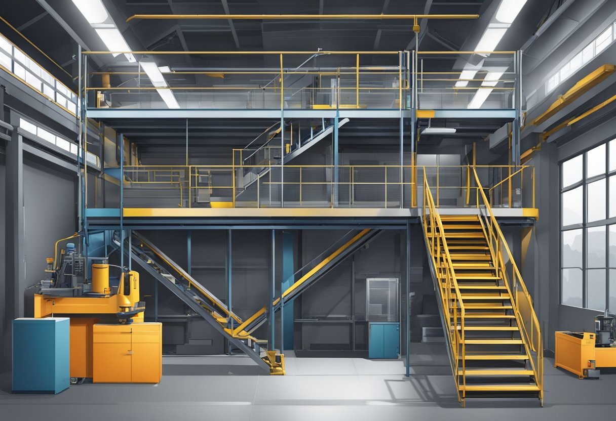 A steel staircase being manufactured with various tools and equipment in a workshop setting